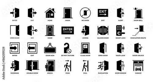 Door icon set. Vector illustration. Containing enter, exit, doorbell, knock, open door, home, closed door, pull, push, and more.