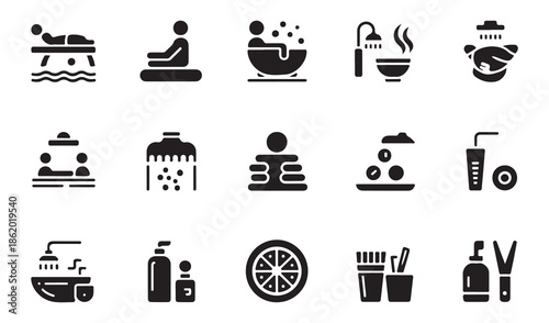 Comprehensive spa and hygiene icon set representing massage therapy steam baths skincare products and body care rituals