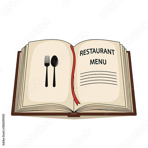 Open Menu Book with Utensils on White Background
