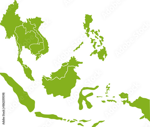 Southeast Asia map outline in green color.