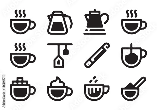 Collection of solid black icons illustrating various types of hot beverages like coffee tea and brewing tools