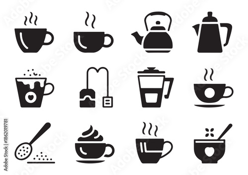 Set of black flat icons for hot drinks and breakfast items