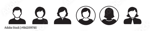 Minimalist black and white male and female headshot icons for website membership and social network profile avatars