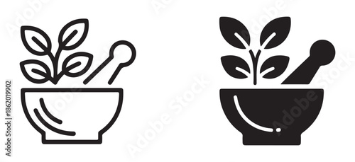 Mortar and pestle icons with herbal leaves for pharmacy natural medicine ayurveda aromatherapy homeopathy cosmetics