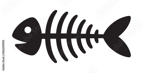 Simple fish skeleton outline flat black icon for seafood products packaging sticker tattoo or fishing theme design element
