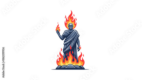 Illustration of a person engulfed in flames holding a torch.