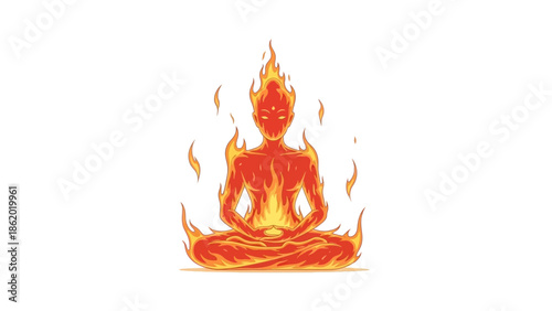 Meditating person engulfed in flames, symbolizing inner passion and energy.
