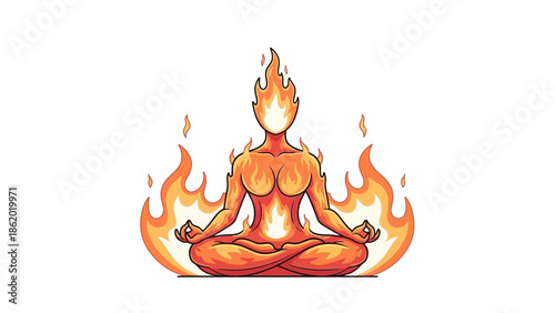 Woman meditating surrounded by flames in lotus position.