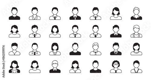Set of 30 different business avatar icons collection in black and white minimalist line art and solid styles