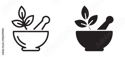 Ayurvedic mortar and pestle vector line icons for natural health organic skincare herbal pharmacology lab research