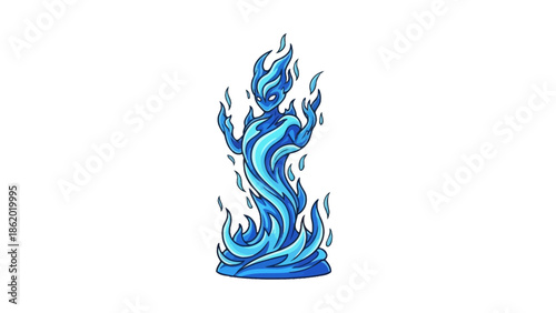 Blue flame graphic illustration with swirling patterns and vibrant colors.