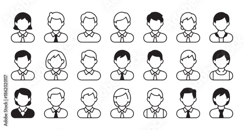 Set of 21 business avatar icons collection in black and white minimalist line art and solid styles