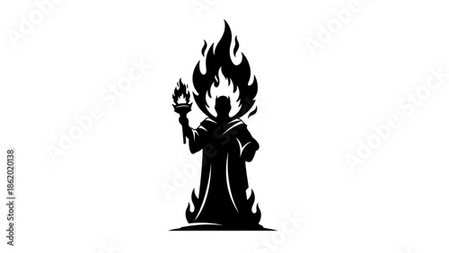 Mysterious hooded figure engulfed in flames holding a lantern.