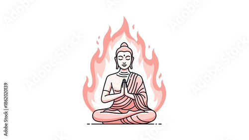Buddha meditating in lotus position surrounded by flames.