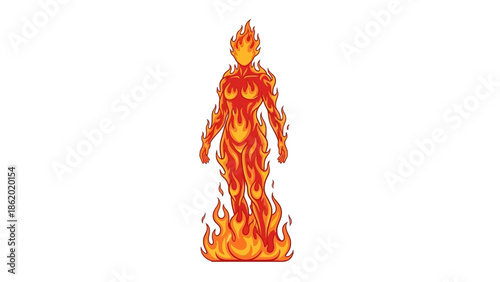 Illustration of a humanoid figure engulfed in flames, symbolizing intense heat and fiery energy.