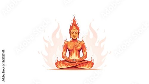 Buddha meditating in lotus position surrounded by flames.