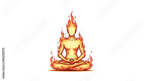 Illustration of a person meditating surrounded by flames.