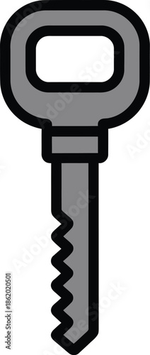 Grey Flat Vector Graphic of an Old Skeleton Key with Black Outline and White Background
