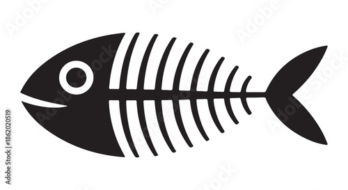 Simple black fish skeleton icon with round white eye and bold outline representing seafood remains vector