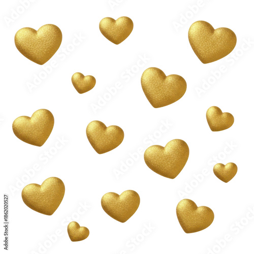 Golden hearts in various sizes isolated on transparent background