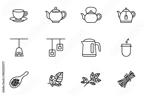 Collection of 12 line icons representing different elements of tea preparation including teapots cups leaves and utensils