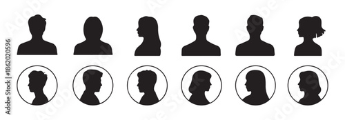 Diverse silhouette icons of male and female profiles in bust form with circular framed versions below
