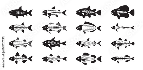 Group of twelve distinct black fish skeleton icons showcasing detailed rib cages and various body profiles