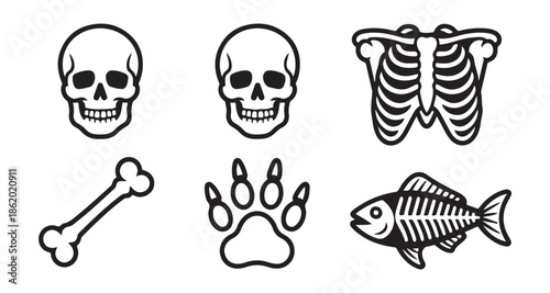 Collection of human skull and rib cage vector icons with animal paw print and fish skeleton bone silhouette design