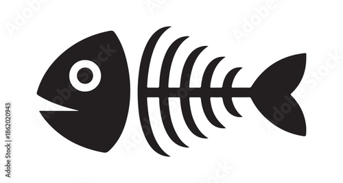 Fish skeleton vector icon set isolated on white background. animal bone carcass black silhouettes logo illustration