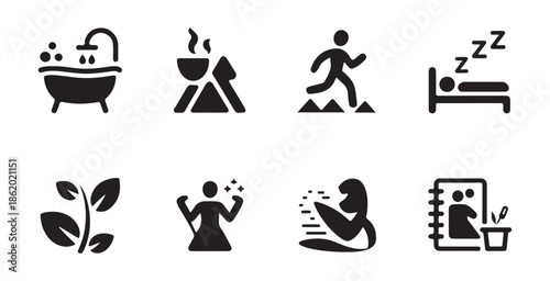 Abstract wellness icon collection with nature elements outdoor fitness and healthy lifestyle symbols for branding