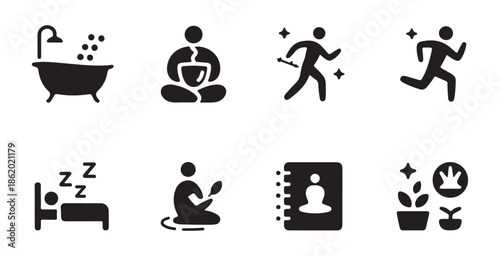 Mindful living vector icons showing meditation sessions healthy tea drinking morning jogging and deep sleep cycles