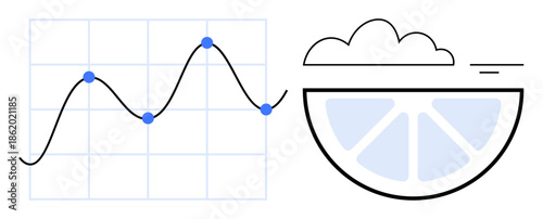 Data analytics concept. Data visualization with a line graph trends and a creative citrus slice design. Data conveys growth, progress, and analysis. For business, analytics, statistics, food