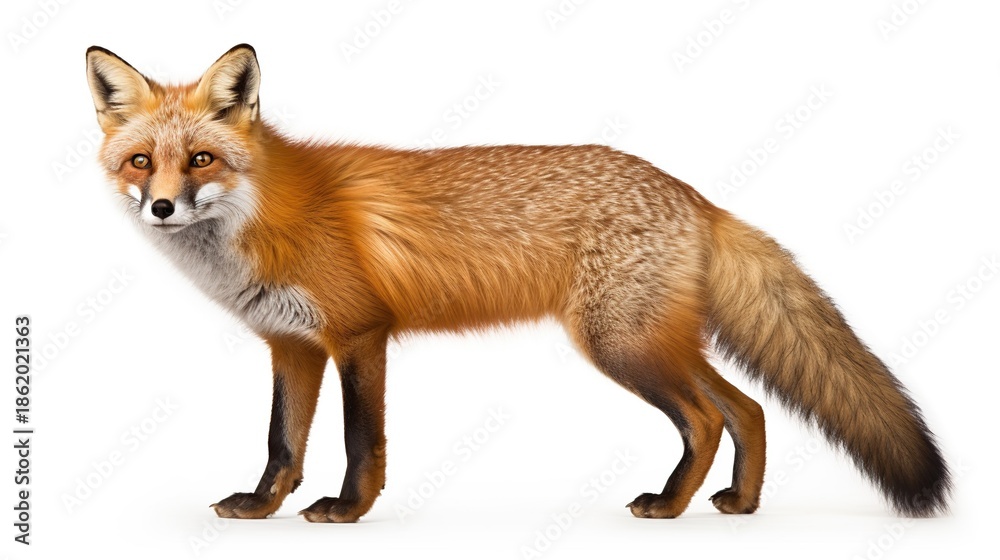 Fototapeta premium Lively Red Fox with Fluffy Tail Standing Sideways Against a White Background