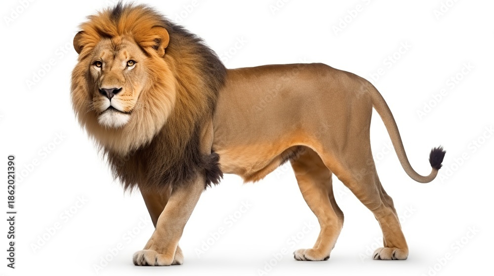 Obraz premium Majestic Adult Male African Lion Standing Proudly with Full Mane on White Background