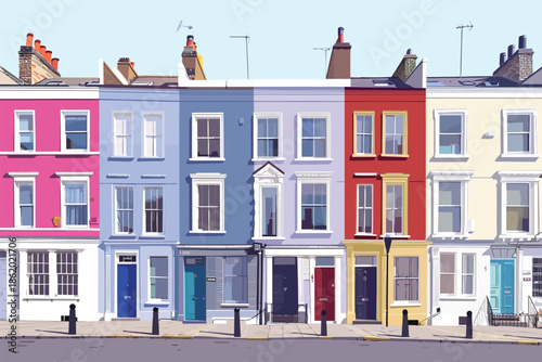 Colorful Houses in Notting Hill isolated illustration