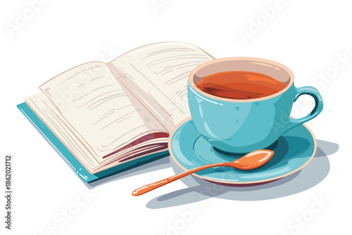 Cup of Tea and Open Book isolated illustration