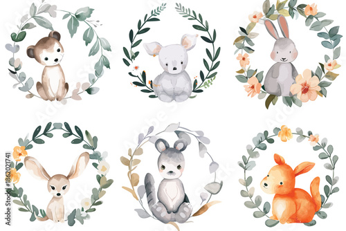 Floral Watercolor Wreaths with Animals isolated illustration