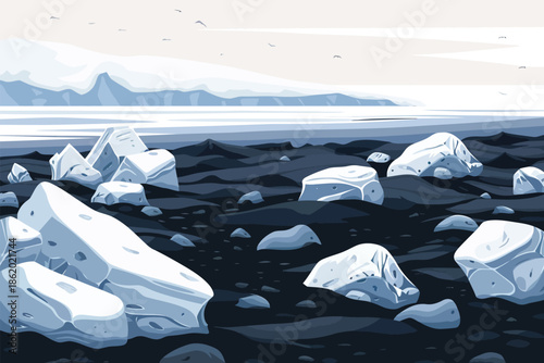 Glacial Ice Chunks on Black Sand Shore isolated illustration