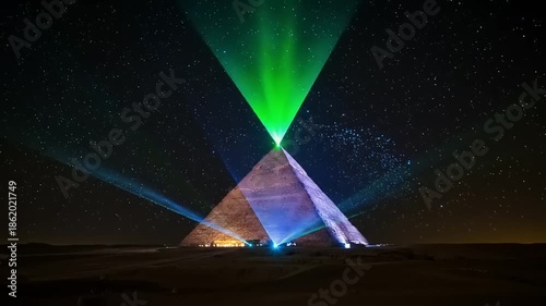 Spectacular laser show at the Great Pyramids of Giza under starry night sky