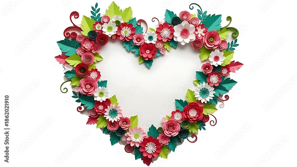 Obraz premium Heart-shaped frame decorated with paper flowers on white or transparent background. With shadow. AI GENERATED. 