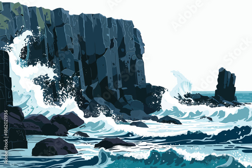 Waves Crashing Against Basalt Columns isolated illustration