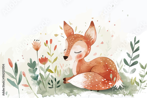 Woodland Animals in Watercolor Floral Settings isolated illustration
