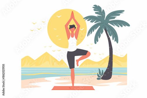 Yoga Pose on Beach at Sunrise isolated illustration