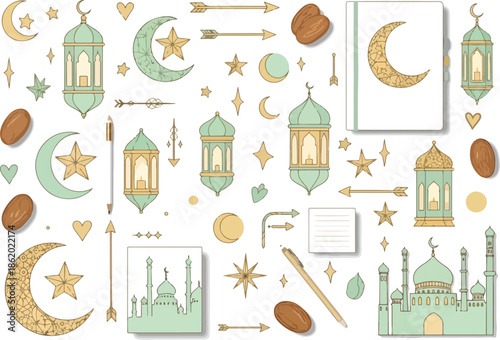 Ramadan sticker set illustration featuring lanterns moons stars dates mosque and stationery