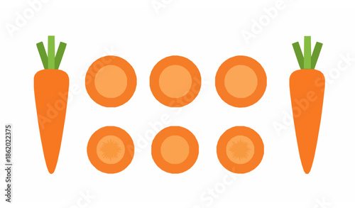 Carrot slices and whole carrots flat vector set for nutrition and food education