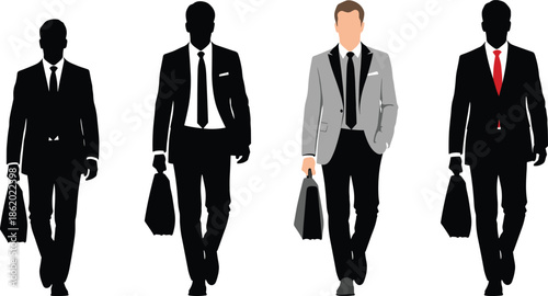 Businessmen walking with briefcases in formal suits professional corporate lifestyle success and career concept silhouette and vector illustration