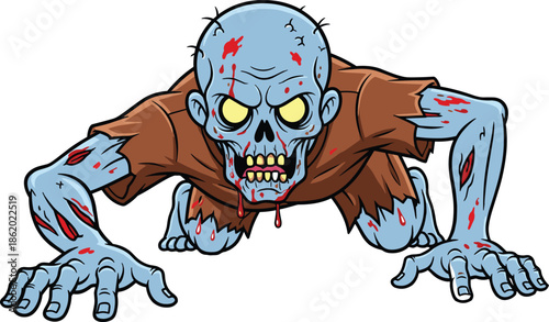 Creepy crawling zombie cartoon illustration with blue undead monster, bloody wounds and tattered clothes for horror and Halloween themes