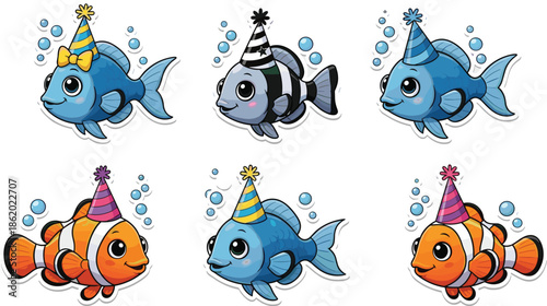 Cute cartoon party fish characters with hats and bubbles, adorable underwater marine animals illustration set for kids design