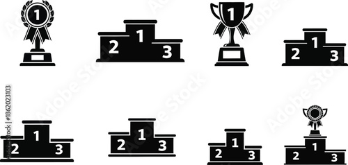 Black award trophies and podiums with numbers a versatile silhouette on transparent background