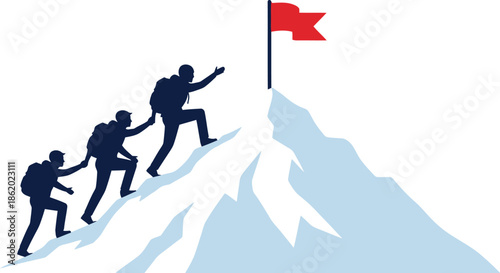 Teamwork conquering a mountain peak with a red flag silhouette on transparent background